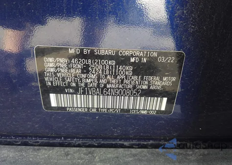 2022 Subaru Wrx Limited из США, поврежденный, VIN JF1VBAL64N9008052